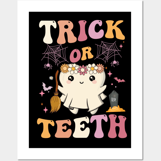 Trick Or Teeth Ghost Groovy Dental Halloween Treat Dentist Wall Art by James Green